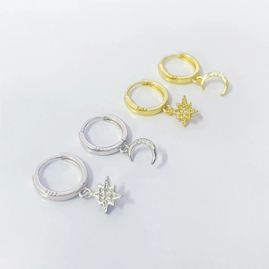 Asymmetric S925 sterling silver hoop earrings with zircon star and moon charms