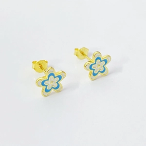 S925 silver flower stud earrings with blue white enamel and gold-plated finish