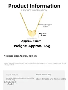 Detailed size chart for the heart pendant necklace showing dimensions and 45cm chain length