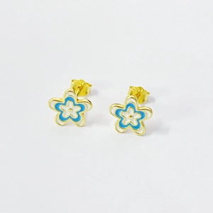 S925 sterling silver floral stud earrings with blue and white enamel in gold finish