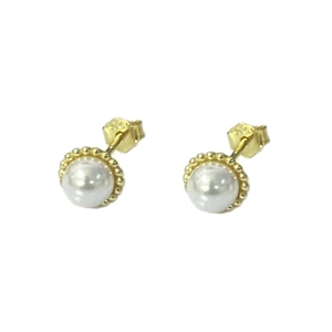 Elegant white pearl stud earrings with S925 sterling silver gold beaded halo design
