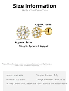 Detailed size specifications for 5mm S925 sterling silver zircon flower stud earrings