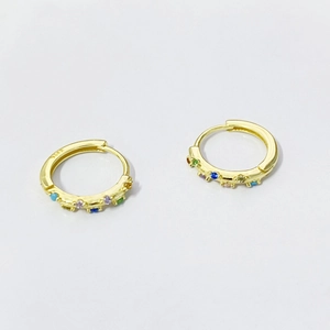Classic S925 sterling silver gold hoop earrings with colorful round-cut cubic zirconia