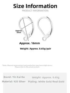 Detailed size chart of S925 sterling silver U-shaped lever back earring hooks for DIY