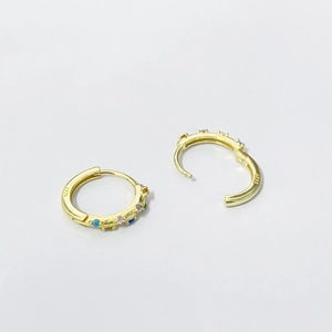 Classic S925 sterling silver gold hoop earrings with colorful pavé rainbow crystals