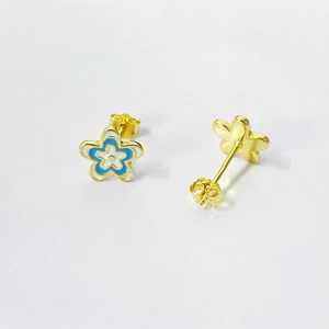 S925 sterling silver flower stud earrings with sky blue enamel and golden finish