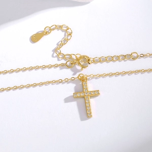 S925 sterling silver gold cross pendant necklace with micro-paved sparkling zircon stones