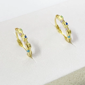 Golden S925 sterling silver hoop earrings with multicolored gemstones on white display card