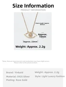Detailed size chart for S925 silver evil eye necklace with rose gold plating