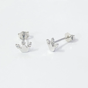 Polished S925 sterling silver crown stud earrings with clear zircon stones on white background