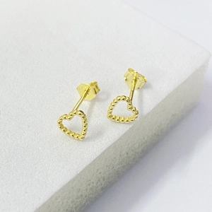 S925 Argent Sterling Boucles d'Oreilles Clous Coeur Creux pour Femmes Mode Minimaliste Perlé Milgrain Plaque Or Bijoux
