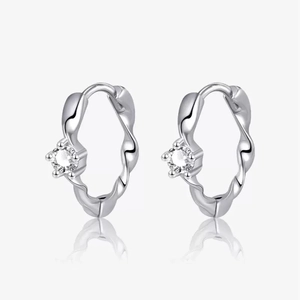 S925 sterling silver Mobius hoop earrings with shimmering cubic zirconia and a wavy design