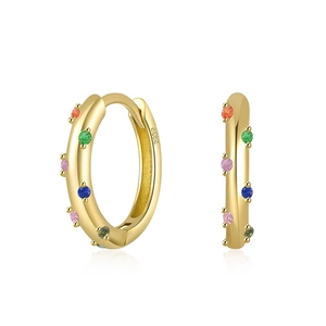 S925 sterling silver gold huggie earrings with rainbow colored stones on white background