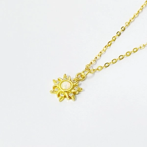 Gold sun flower opal pendant necklace with S925 sterling silver and cubic zirconia accents