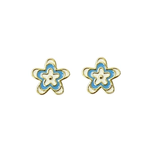 S925 silver flower stud earrings with white and blue enamel and gold-plated borders