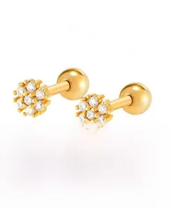 Detailed close-up of S925 sterling silver flower stud with zircon and secure screw back