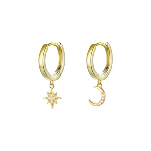 S925 sterling silver gold-plated asymmetrical star and moon hoop earrings with zircon