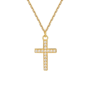 Minimalist S925 sterling silver gold plated cross necklace with sparkling zircon pavé