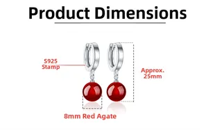 Detail showing S925 sterling silver red agate earrings size 25mm height and 8mm bead