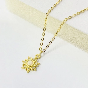 S925 sterling silver gold sunflower pendant necklace with white opal and zirconia