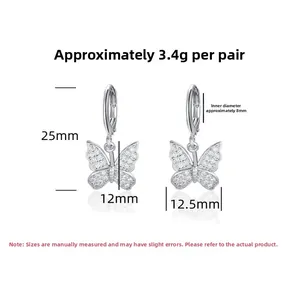 Detailed size chart for 925 silver butterfly earrings with CZ stones and 25mm length