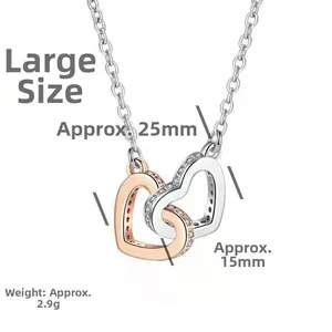 Detail view of interlocking S925 silver hearts necklace with dimensions and weight info