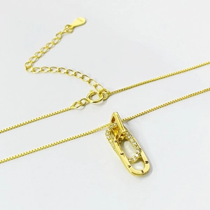 S925 sterling silver interlocking double ring pendant necklace in gold with zircon