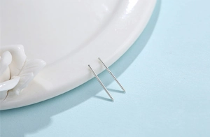 Vue détaillée des boucles d'oreilles bâton en argent sterling S925 sur porcelaine