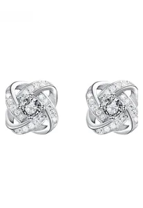 Detailed view of criss-cross sterling silver stud earrings with sparkling cubic zirconia
