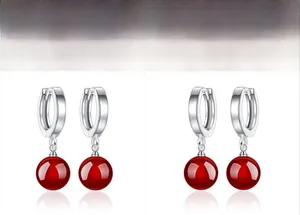 S925 silver hoop earrings featuring polished red agate bead charms and mirror reflection