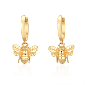 Vintage 925 Sterling Silver Bee Dangle Hoop Earrings For Women Minimalist Honey Bee Insect Design Gold Silver Plated Jewelry