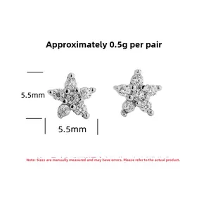 Detailed view of 5.5mm S925 silver star earrings with pavé cubic zirconia accents