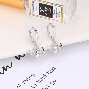 S925 sterling silver bee pendant drop earrings with elegant polished hoop clasp