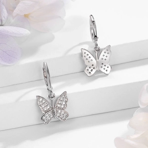 Sparkling S925 sterling silver butterfly drop earrings with cubic zirconia stones