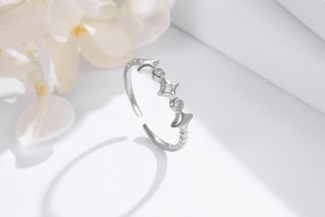 Detailed macro shot of 925 sterling silver star ring with shimmering zircon stones