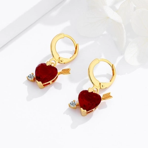 Boucles d'Oreilles Pendantes en Argent Sterling 925 Cœur Pierre Rouge Flèche de Cupidon Strass Bijoux Mode Femme Cadeau