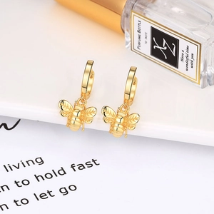 Golden bee charm hoop earrings in S925 sterling silver with a polished finish for women