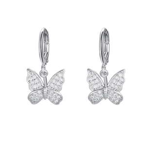 Sparkling S925 silver butterfly lever-back drop earrings with white zirconia stones