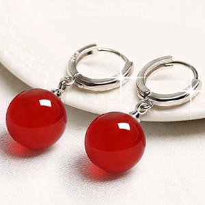 Elegant S925 sterling silver drop earrings with polished round red agate stones