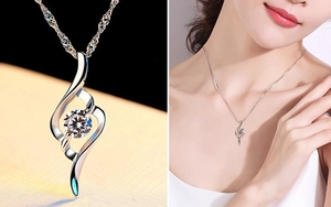 Macro view and model wearing a S925 silver necklace with a rhombus arrow pendant