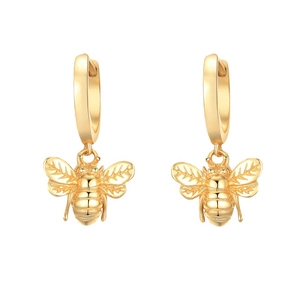 Polished gold bee dangle hoop earrings with detailed wing texture for women
