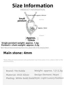 Size chart showing S925 silver heart pendant dimensions and adjustable chain length