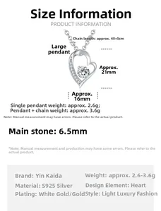 Size specifications for the S925 silver heart pendant including chain length and weight