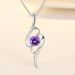 S925 sterling silver necklace with a purple crystal rhombus pendant on a box chain