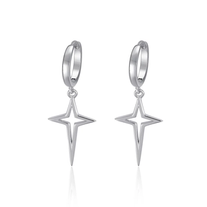 S925 sterling silver hoop earrings with polished hollow four-pointed star pendants