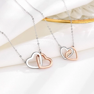 S925 silver double interlocking heart pendant necklace in silver and rose gold finish