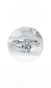 Detail of S925 sterling silver ring with six-prong snowflake zircon and twisted band