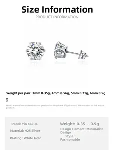 Tableau des tailles pour boucles d'oreilles en argent 925 avec zircons à six griffes