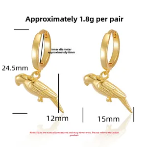 Detailed dimensions of gold parrot earrings showing 24.5mm height and 1.8g weight