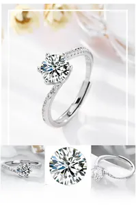 Close-up of S925 silver six-prong moissanite ring with twisted band and small side diamonds
